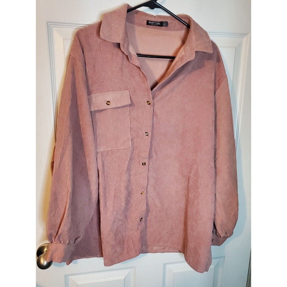 Nasty Gal Button Up Size 10 Long Sleeve Corduroy Pink Collared Cute Pocket
